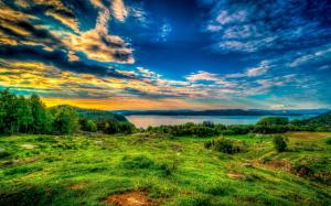 Grass, trees, lake, mountains, clouds, dusk wallpaper thumb