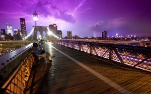 New York City, USA, bridge, people, storm, night, lightning wallpaper thumb
