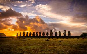 Landscape, Nature, Sunrise, Rapa Nui, Island, Clouds, Chile, Moai, Statue, Enigma, Grass wallpaper thumb