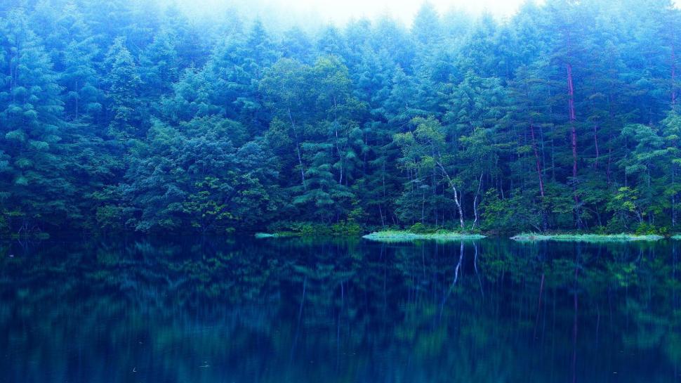 Magnificent Blue Grey Lake Scape wallpaper,blue grey HD wallpaper,reflection HD wallpaper,forest HD wallpaper,lake HD wallpaper,mist HD wallpaper,nature & landscapes HD wallpaper,1920x1080 wallpaper