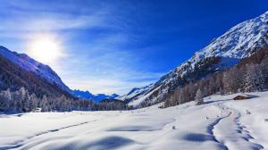 Mountains, winter, snow, blue sky, trees, sun wallpaper thumb