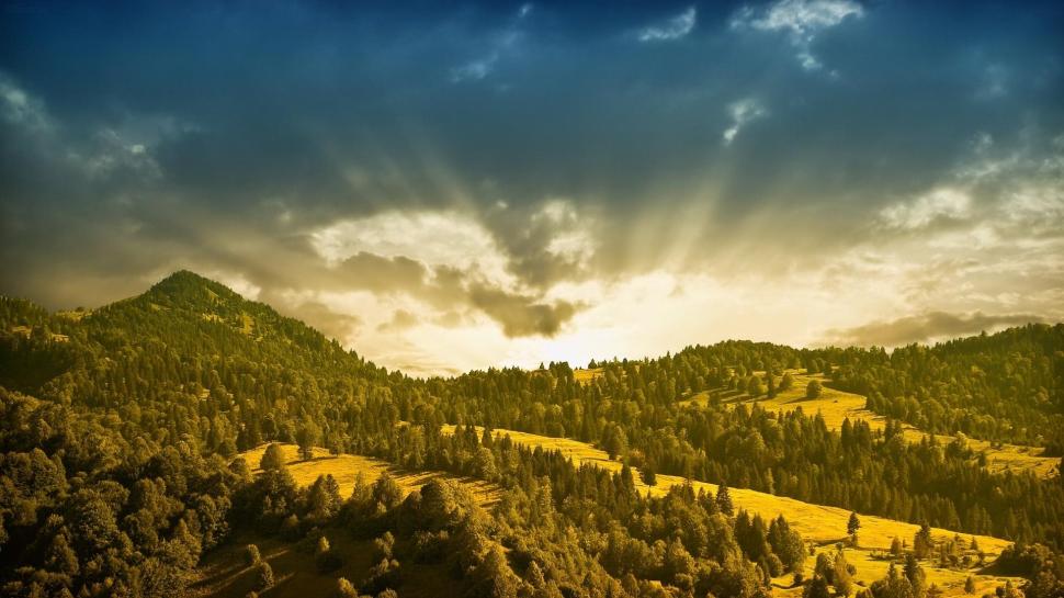 Sun Rays Over Lovely Lscape wallpaper,trees HD wallpaper,rays HD wallpaper,hills HD wallpaper,clouds HD wallpaper,nature & landscapes HD wallpaper,1920x1080 wallpaper