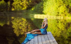 Summer, blue dress girl, legs, dreams, water, green bokeh wallpaper thumb