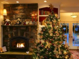 new year, christmas, fur-tree, fireplace, fire, garlands wallpaper thumb