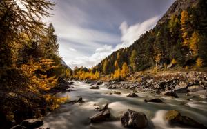 Switzerland, Val Roseg, autumn, river, trees, rocks wallpaper thumb