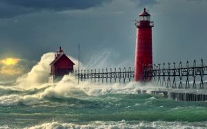 Sea waves pier lighthouse wallpaper thumb