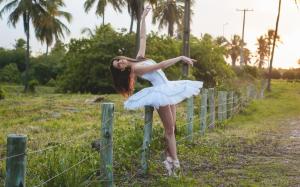 White dress girl, ballerina, fence, grass wallpaper thumb