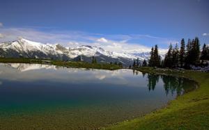 Pond Landscape Mountains Trees Reflection HD wallpaper thumb