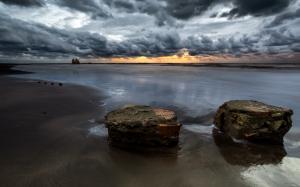Beach Sunset Clouds Rocks Stones Ocean HD wallpaper thumb