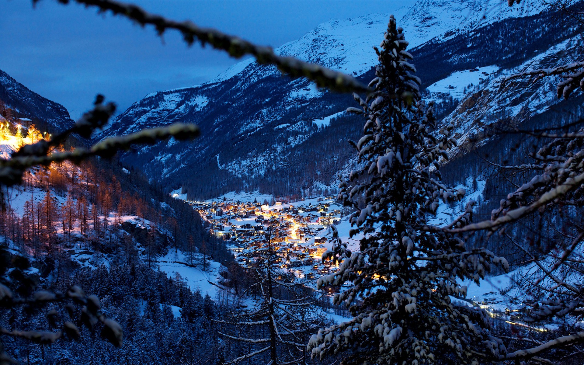 Switzerland, Alps, mountains, winter, snow, night, trees, houses