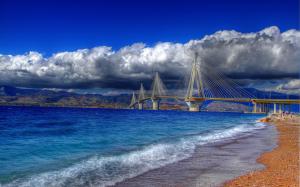 Greece, Gulf of Corinth, cable-stayed bridge, water, coast, sky, clouds wallpaper thumb