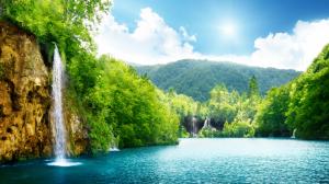 nature, waterfall, summer, lake, trees wallpaper thumb
