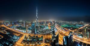 Cityscape, Dubai, Skyscraper, Night, Lights, Mist, United Arab Emirates, Highway, Burj Khalifa, Architecture, City wallpaper thumb
