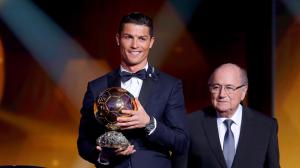 ﻿FIFA Ballon d'Or winner Cristiano Ronaldo of Portugal and Real Madrid accepts FIFA Ballon d'Or 2014 wallpaper thumb