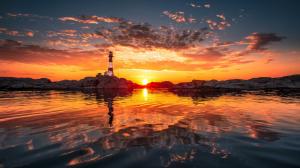 Shore, lighthouse, sunset, clouds, water reflection, red sky wallpaper thumb
