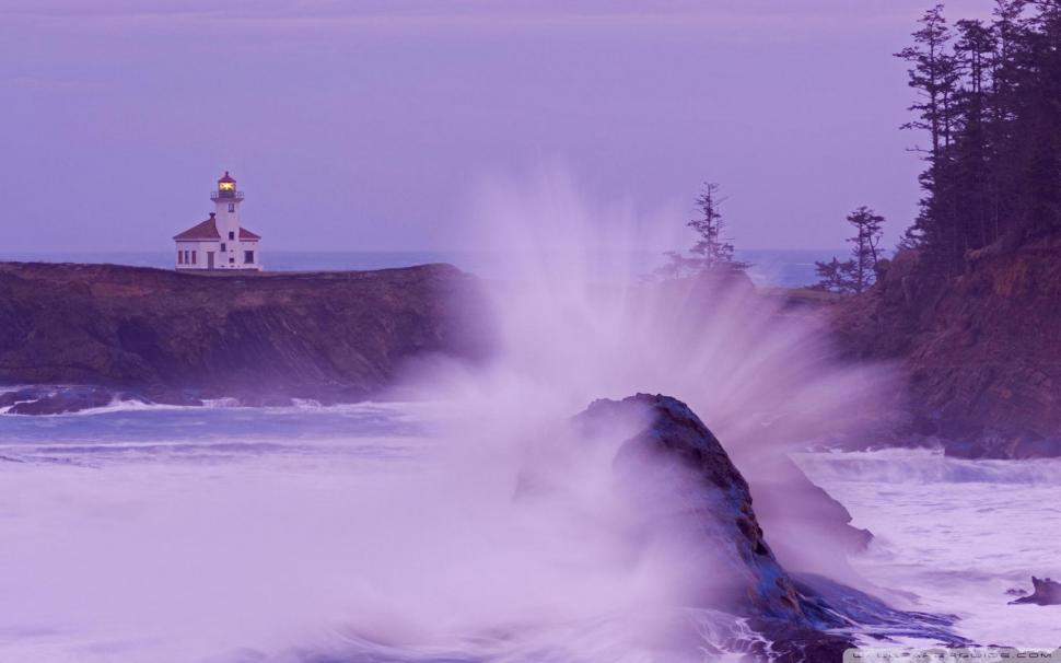 Breaking Waves At Cape Arago Lighthouse wallpaper,wave HD wallpaper,lighthouse HD wallpaper,mist HD wallpaper,rocks HD wallpaper,pink HD wallpaper,nature & landscapes HD wallpaper,1920x1200 wallpaper