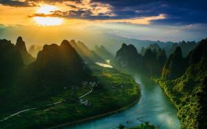 Landscape, Nature, Mountain, River, Sun Rays, Village, China, Sunset, Field wallpaper thumb