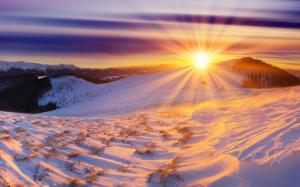 Winter, sunrise, mountains, snow, sun wallpaper thumb