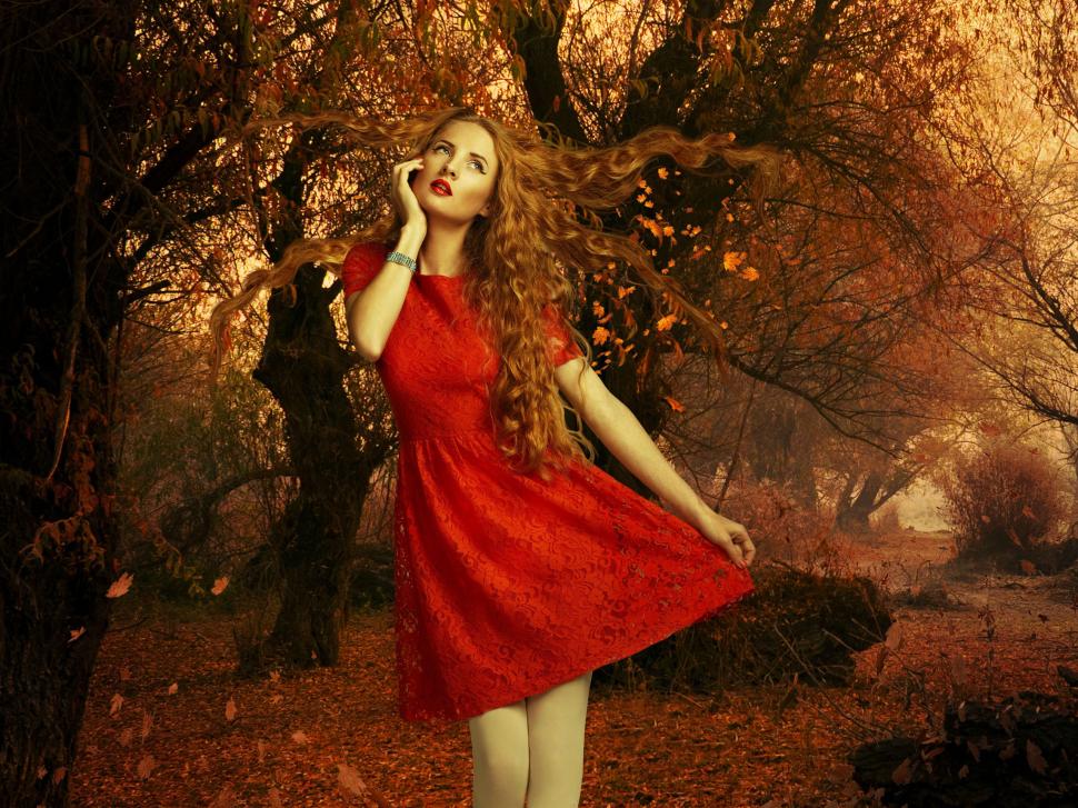 Red dress girl, autumn, leaves, trees wallpaper,Red HD wallpaper,Dress HD wallpaper,Girl HD wallpaper,Autumn HD wallpaper,Leaves HD wallpaper,Trees HD wallpaper,2560x1920 wallpaper