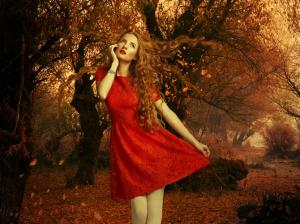 Red dress girl, autumn, leaves, trees wallpaper thumb