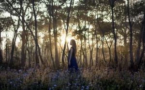 Girl in the forest, morning, sunrise, trees, flowers wallpaper thumb