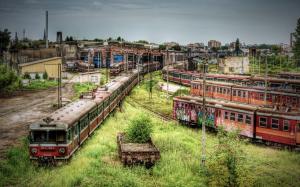Abandoned subway cars and trains, overgrown with weeds wallpaper thumb