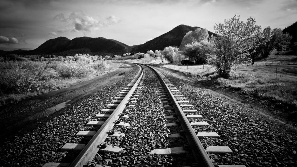 Tracks In The Countryside wallpaper,trees HD wallpaper,countryside HD wallpaper,mountains HD wallpaper,train tracks HD wallpaper,black and white HD wallpaper,nature & landscapes HD wallpaper,1920x1080 wallpaper