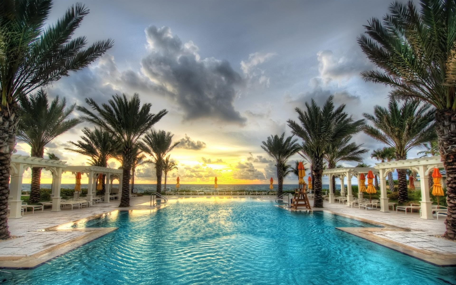 Palm trees, swimming pool, resort, sunset, clouds, sea wallpaper ...
