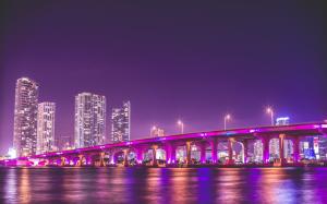 purple, bridge, night, usa, skyscrapers, miami, cityscape, photography, usa cities wallpaper thumb
