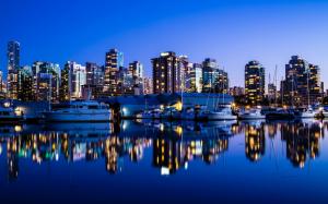 Vancouver, Canada, city night, lights, buildings, sea, yacht, reflection wallpaper thumb