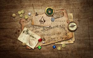 Assassin's Creed Black Flag Map Coins Compass HD wallpaper thumb