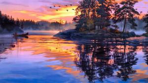 Art painting, twilight scenery, lake, forest, birds, sunset wallpaper thumb