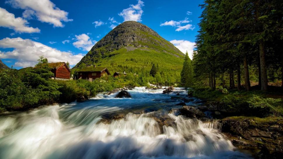 A Rapid Mountain Stream In Norway wallpaper,rapids HD wallpaper,mountain HD wallpaper,stream HD wallpaper,house HD wallpaper,clouds HD wallpaper,nature & landscapes HD wallpaper,1920x1080 wallpaper
