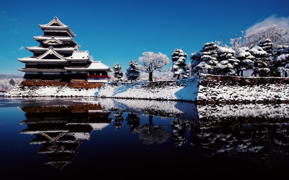 Japan Attractions in winter snow, temple, lake reflection and blue sky wallpaper,Japan HD wallpaper,Attractions HD wallpaper,Winter HD wallpaper,Snow HD wallpaper,Temple HD wallpaper,Lake HD wallpaper,Reflection HD wallpaper,Blue HD wallpaper,Sky HD wallpaper,1920x1200 wallpaper