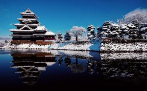 Japan Attractions in winter snow, temple, lake reflection and blue sky wallpaper thumb
