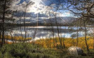 Autumn, lake, trees, boat, sunlight wallpaper thumb