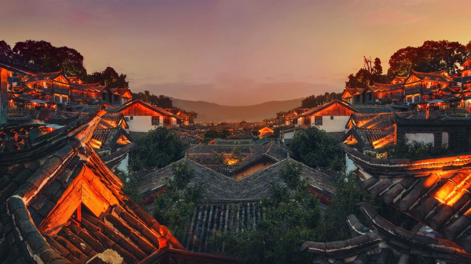 China, sky, mountain, old town, roof, night lights wallpaper,China HD wallpaper,Sky HD wallpaper,Mountain HD wallpaper,Old HD wallpaper,Town HD wallpaper,Roof HD wallpaper,Night HD wallpaper,Lights HD wallpaper,1920x1080 wallpaper
