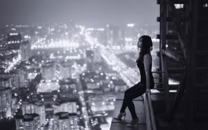 Sadness, loneliness, longing, night city, roof railing, lighting, a girl, desktop wallpaper thumb