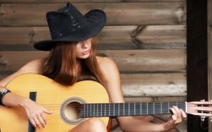 Girl play guitar, music, hat wallpaper thumb
