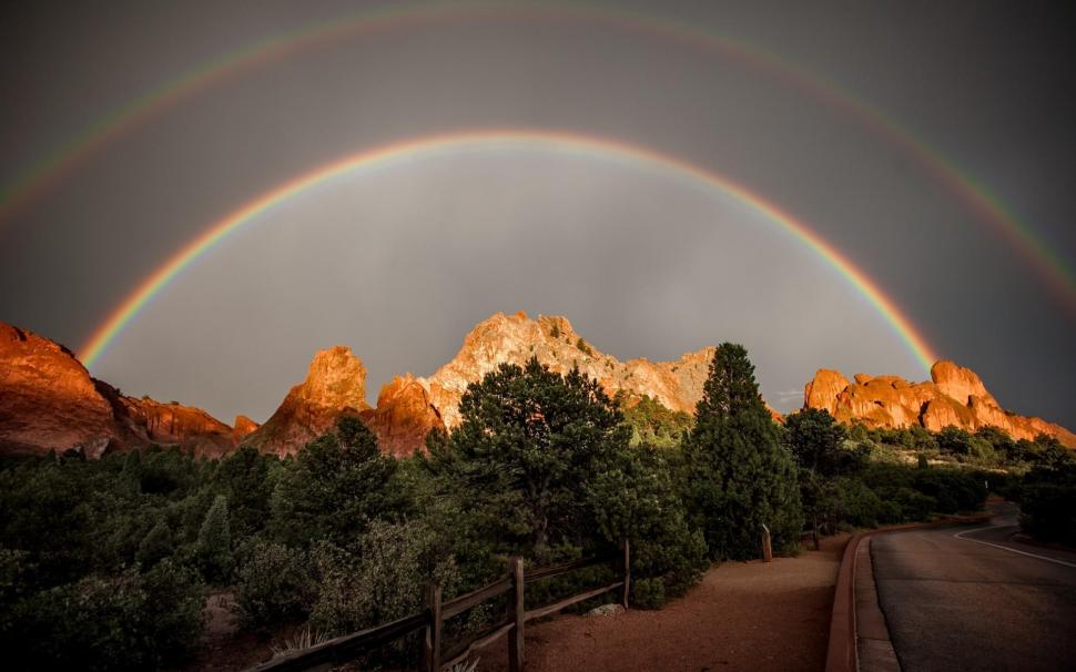 Double Rainbows Over The Mountains wallpaper,forest HD wallpaper,trees HD wallpaper,nature HD wallpaper,brown HD wallpaper,light HD wallpaper,path HD wallpaper,rainbows HD wallpaper,road HD wallpaper,colors HD wallpaper,mountains HD wallpaper,nature & landscape HD wallpaper,1920x1200 wallpaper