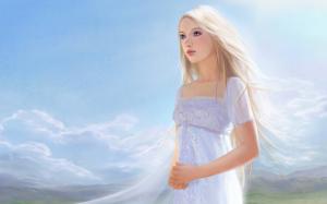 White dress fantasy girl, white hair wallpaper thumb