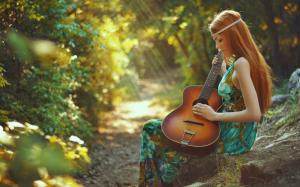 Spring, redhead girl, guitar, forest, sun rays wallpaper thumb