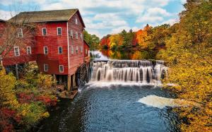 USA, Wisconsin, water mill, river, waterfalls, trees, autumn wallpaper thumb