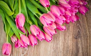 Bouquet flowers, pink tulips, wood board wallpaper thumb