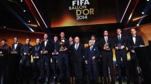 FIFA Ballon d'Or winner Cristiano Ronaldo of Portugal and Real Madrid and FIFA President Joseph S. Blatter are flanked by fellow award winners wallpaper thumb