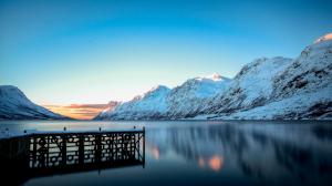 Mountains, snow, winter, lake, dock, desktop Nature wallpaper thumb