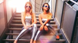 Silver dress girls sit at stairs, glasses, blonde wallpaper thumb