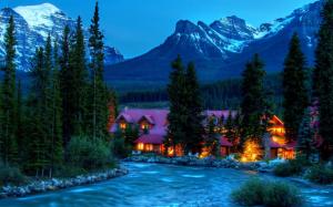Night, house, lights, trees, mountains, rocks, forest, river wallpaper thumb
