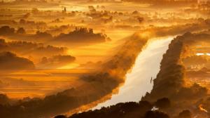 Valley of Yser, Belgium, river, trees, morning, fog, sun rays wallpaper thumb