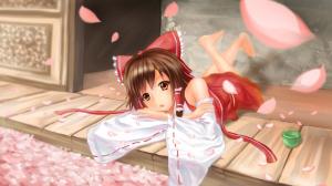Sakura petals, bow anime girl, want to sleep wallpaper thumb